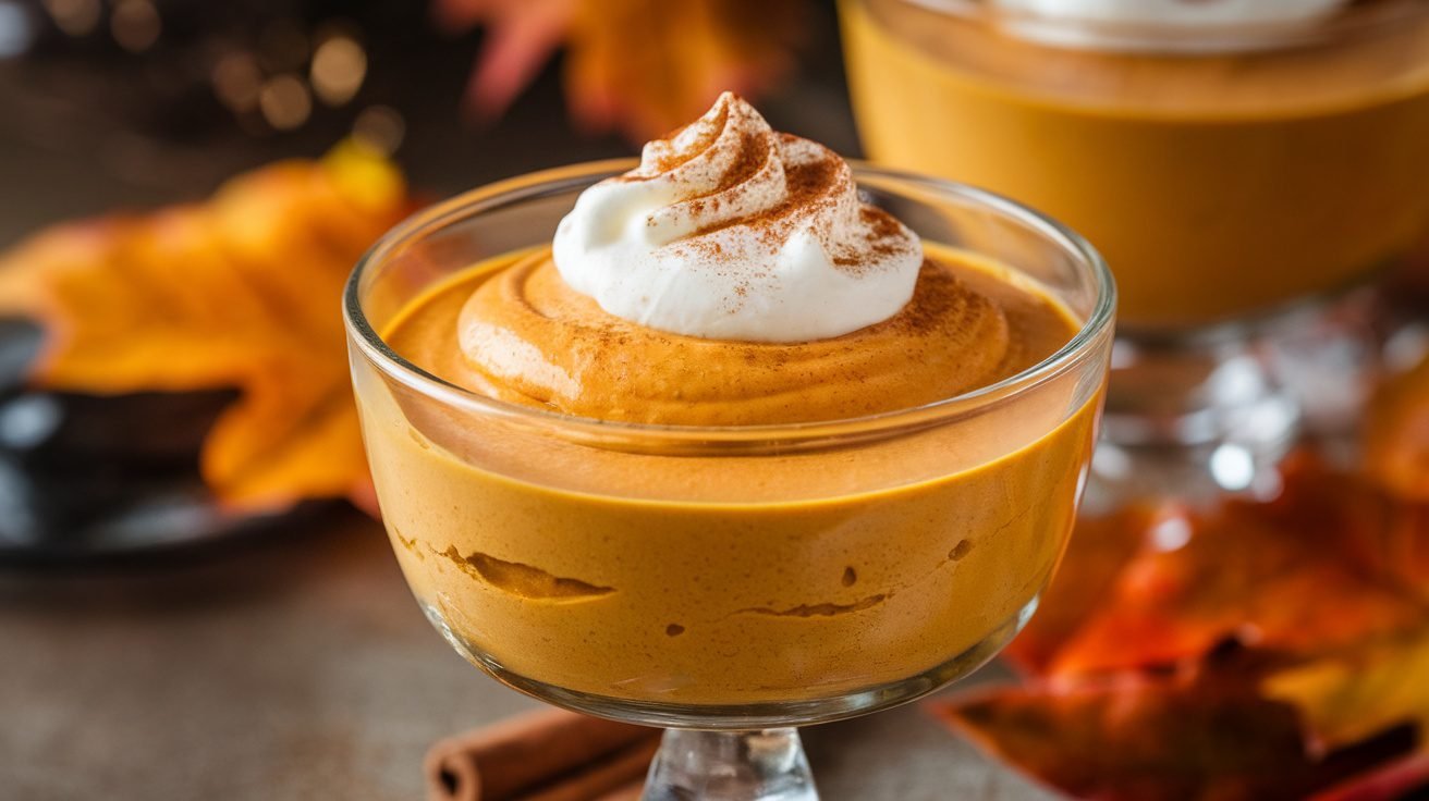 A bowl of pumpkin spice mousse topped with whipped cream and cinnamon, set against an autumn-themed background.