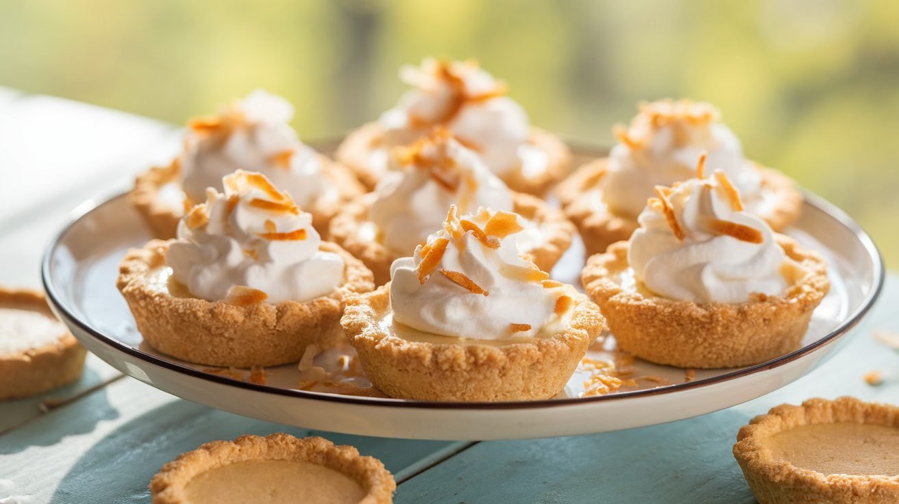 A plate of no-bake mini coconut cream pies topped with whipped cream and toasted coconut flakes.
