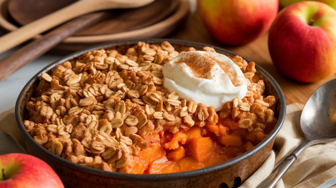 A delicious sweet potato apple crisp topped with oats and nuts, served with yogurt in a rustic kitchen setting.