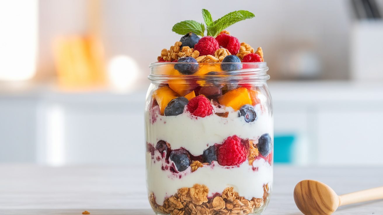 A layered yogurt parfait in a jar with yogurt, berries, and granola, garnished with mint and honey.