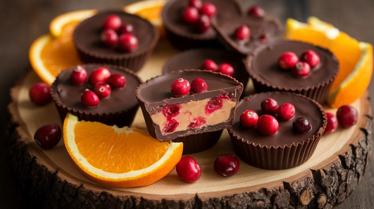 Cranberry Orange Almond Butter Cups on a wooden platter with orange slices and cranberries.