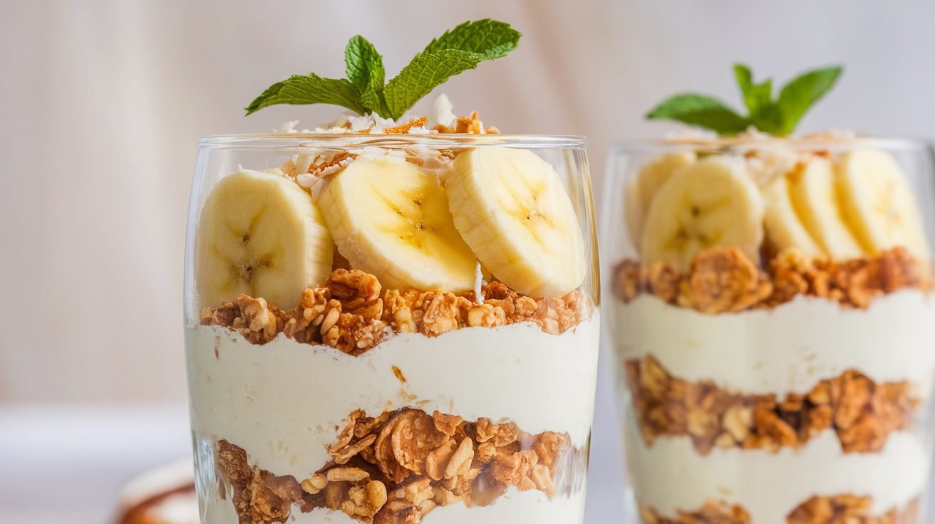 A layered banana-coconut cream parfait with banana slices, coconut yogurt, and granola in a clear glass.