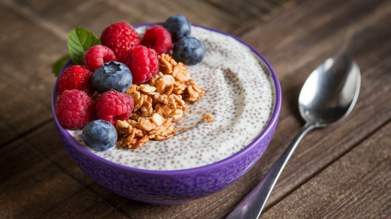 A bowl of Vanilla Chia Yogurt topped with berries and granola on a wooden table.