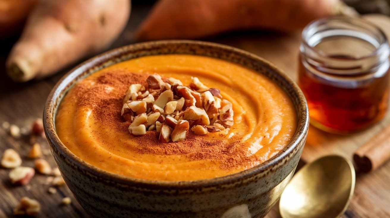 A bowl of spiced sweet potato pudding garnished with nuts on a wooden table.