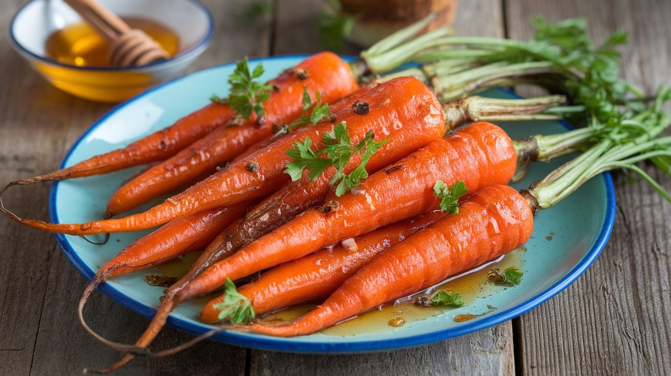 Cinnamon-spiced roasted carrots garnished with parsley on a rustic table.