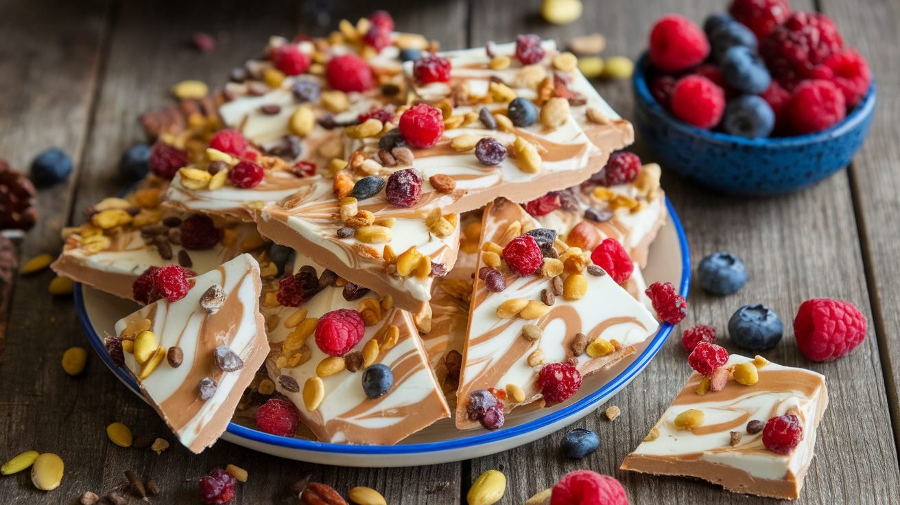 Almond butter yogurt bark with nuts and dried fruits on a rustic table.
