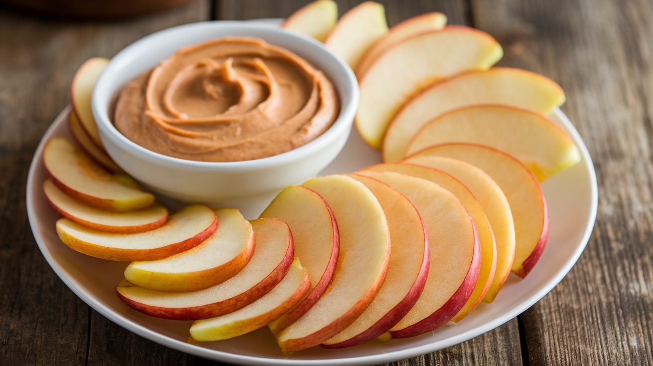 Crispy apple chips on a plate with a bowl of peanut butter dip, on a wooden table.