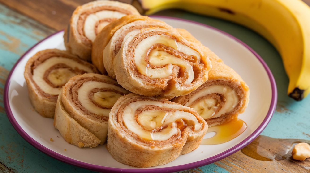 Banana peanut butter roll-ups on a plate, drizzled with honey and surrounded by nuts.