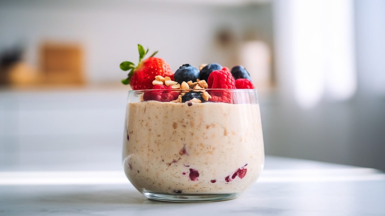 Chilled vanilla oat pudding in a glass bowl, topped with berries and nuts, in a bright kitchen.