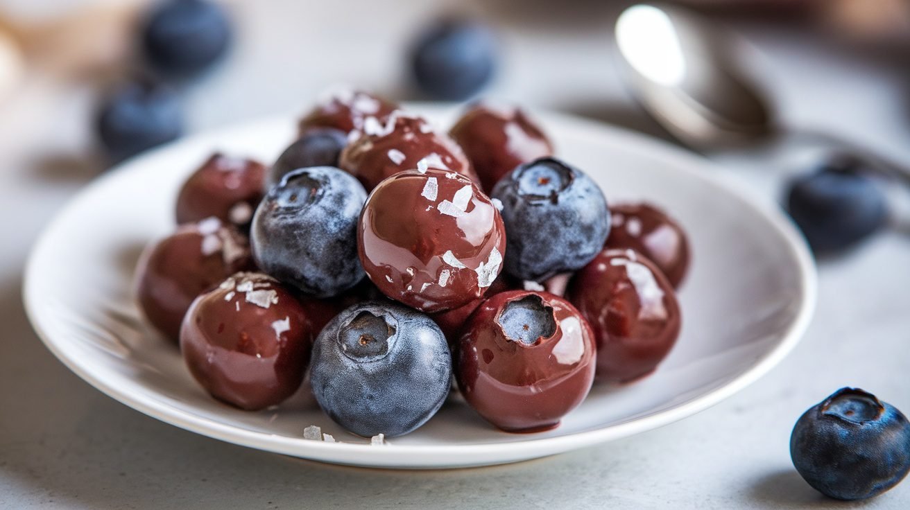 Chocolate covered blueberries on a white plate, some sprinkled with sea salt.