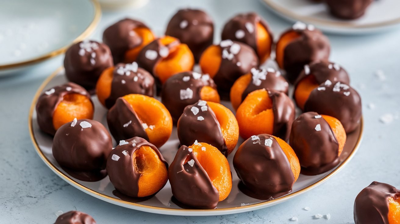 Chocolate-dipped frozen apricots on a plate with sea salt, highlighting the healthy dessert option.