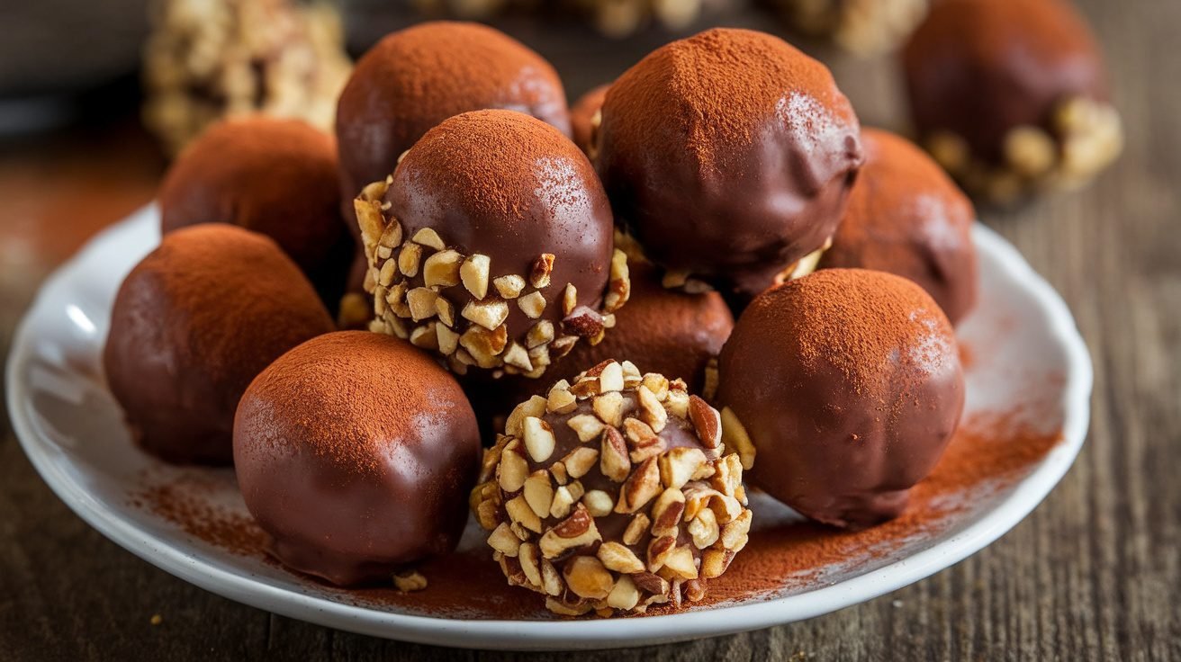 A delicious plate of chocolate sweet potato truffles dusted with cocoa powder and nuts.