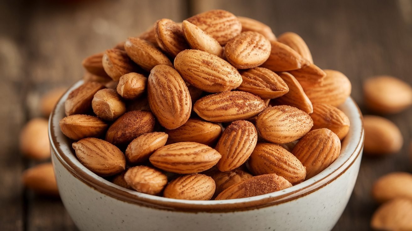A bowl of cinnamon roasted almonds, golden brown and sprinkled with cinnamon, on a rustic wooden table.