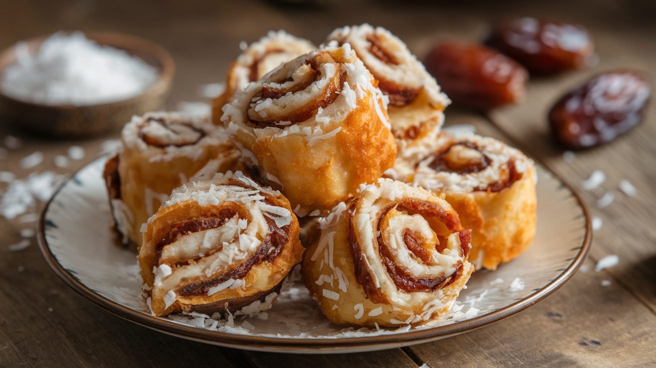 A plate of coconut date rolls rolled in shredded coconut on a rustic wooden table.