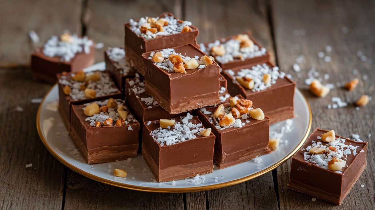 Coconut oil fudge squares on a plate, garnished with coconut and nuts, on a wooden table.