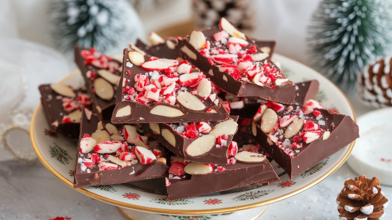 Dark Chocolate Peppermint Bark with Almonds on a festive plate, topped with crushed peppermint and almonds.