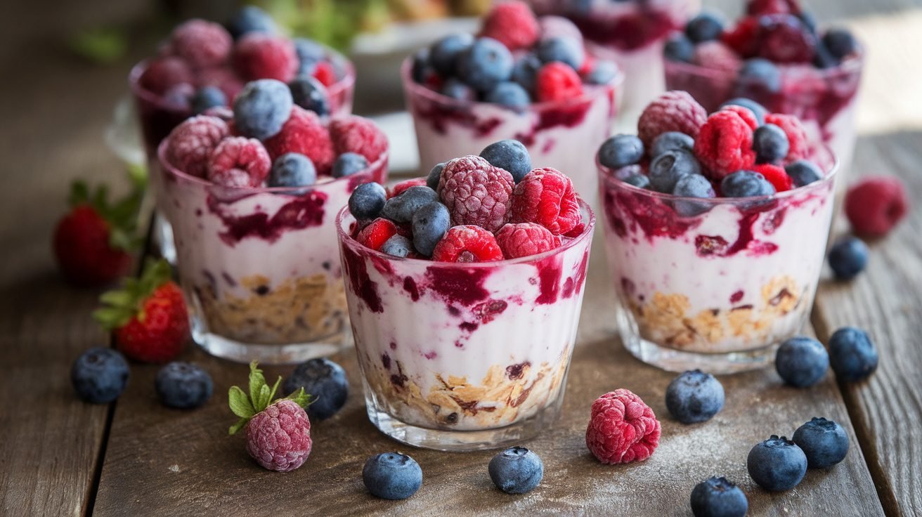 Frozen berry oat cups filled with yogurt and topped with mixed berries on a wooden table.