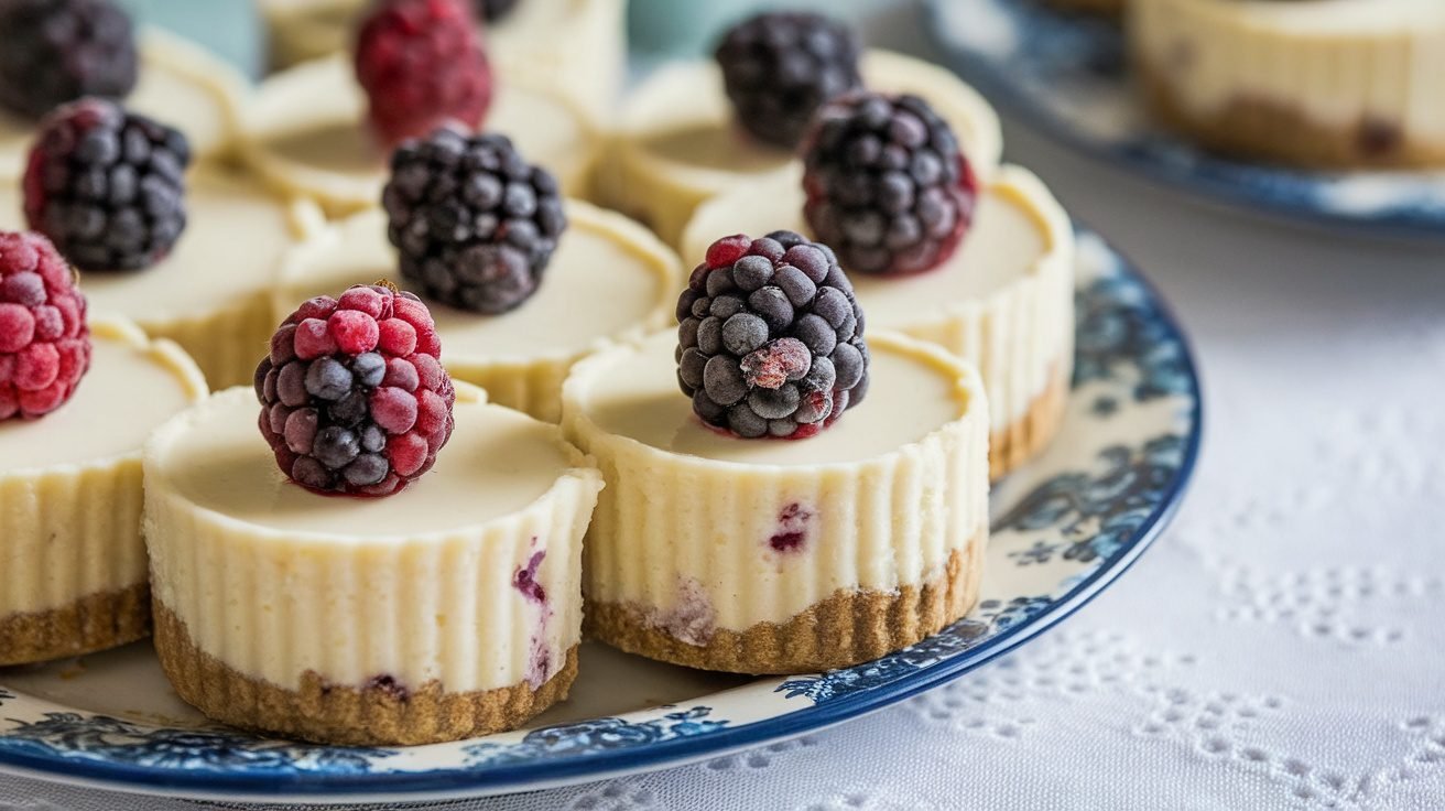 Frozen blackberry cheesecake bites on a plate, topped with fresh blackberries.