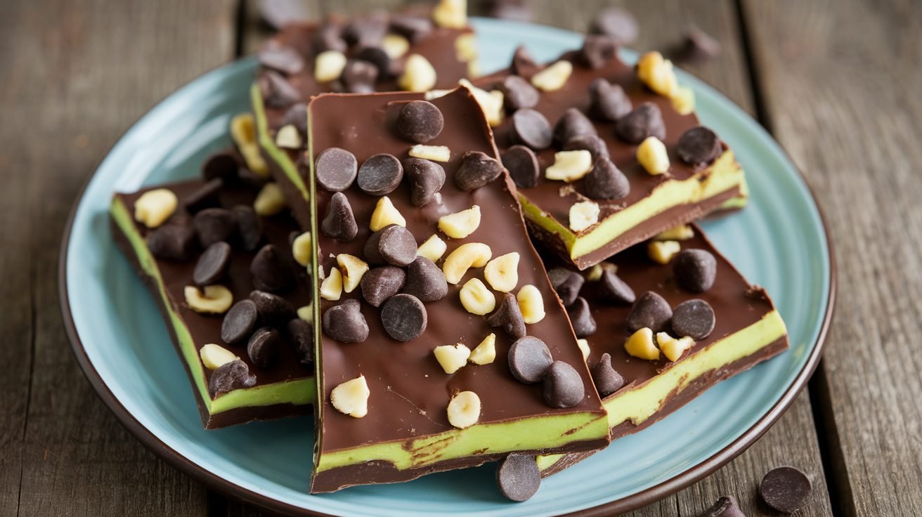 Frozen chocolate avocado bark with chocolate chips and nuts on a rustic plate.