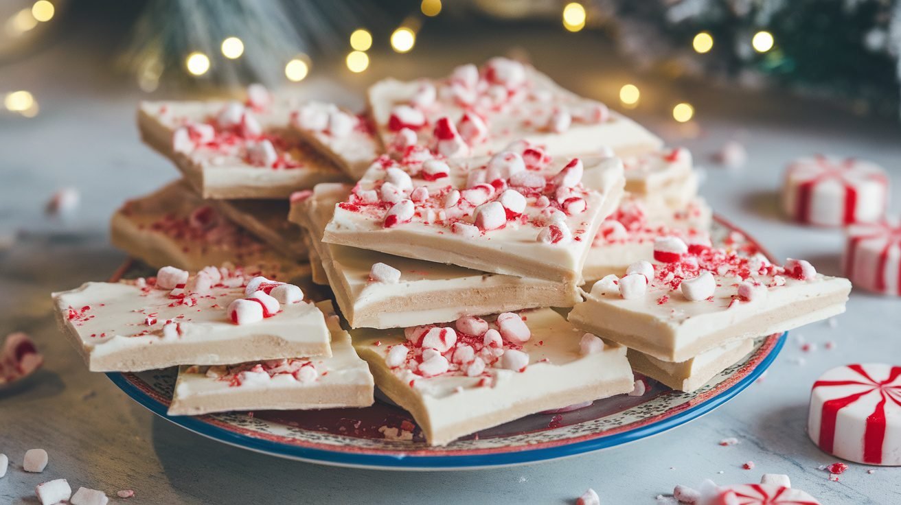 Frozen Greek yogurt peppermint bark pieces with crushed peppermint candies on a festive plate.