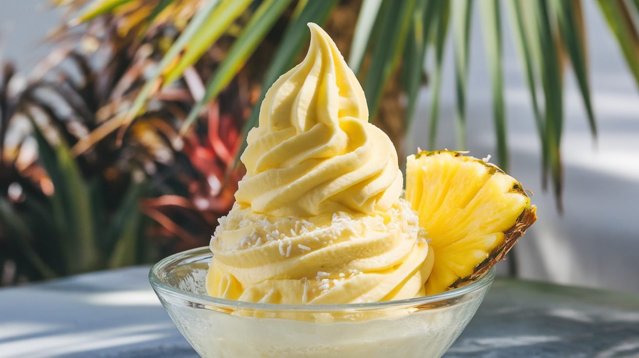 A bowl of creamy frozen pineapple whip garnished with coconut and fresh pineapple, set in a tropical outdoor setting.