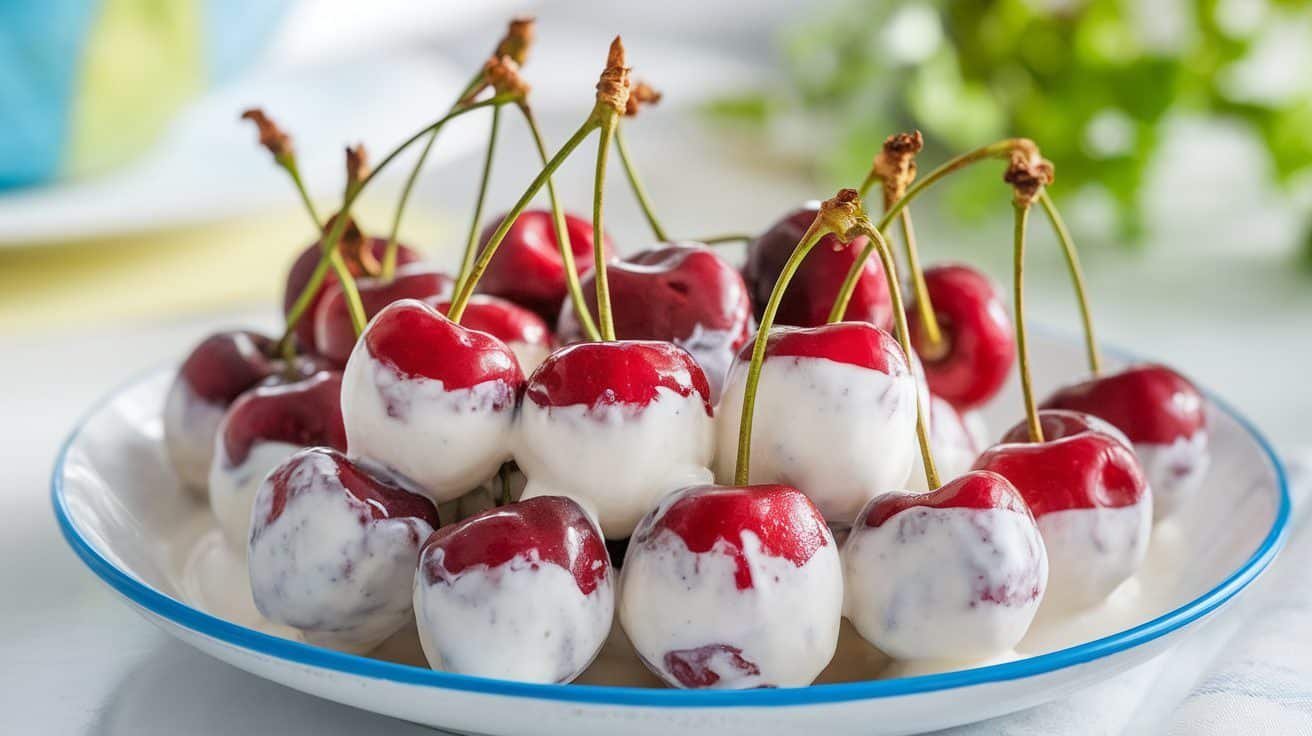 A plate of frozen yogurt-dipped cherries, coated in creamy yogurt, on a bright background.