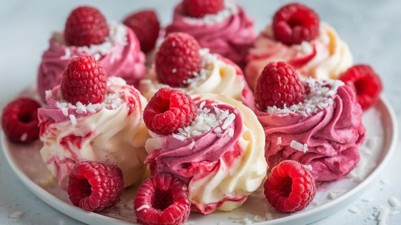 Raspberry coconut yogurt clusters on a plate, garnished with raspberries and coconut.