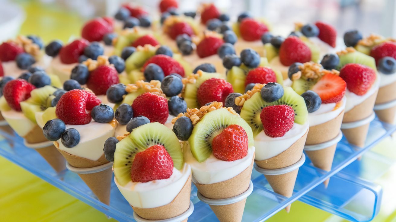 Yogurt fruit cones filled with yogurt and topped with fresh fruits on a colorful table.