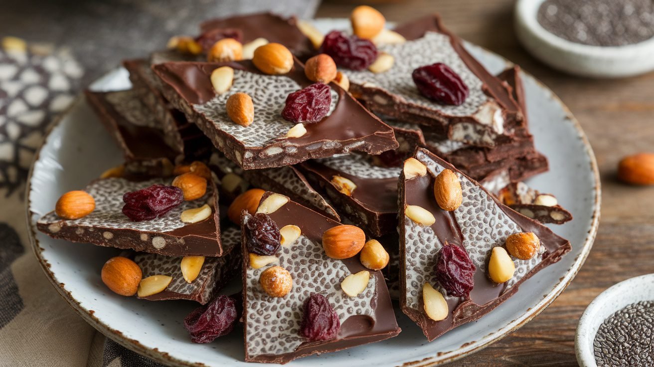 Dark chocolate chia bark pieces topped with nuts and dried fruits on a rustic wooden table.