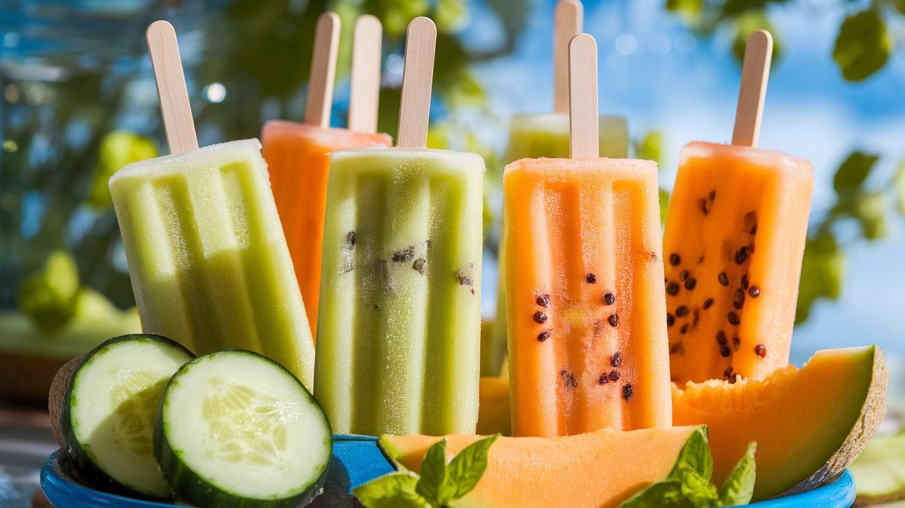 Colorful cucumber melon ice pops on a sunny background with slices of cucumber and melon.