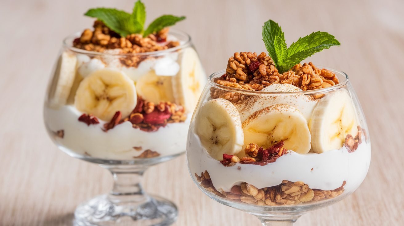 Spiced banana yogurt cups with layers of yogurt and banana, topped with granola and mint on a wooden table.