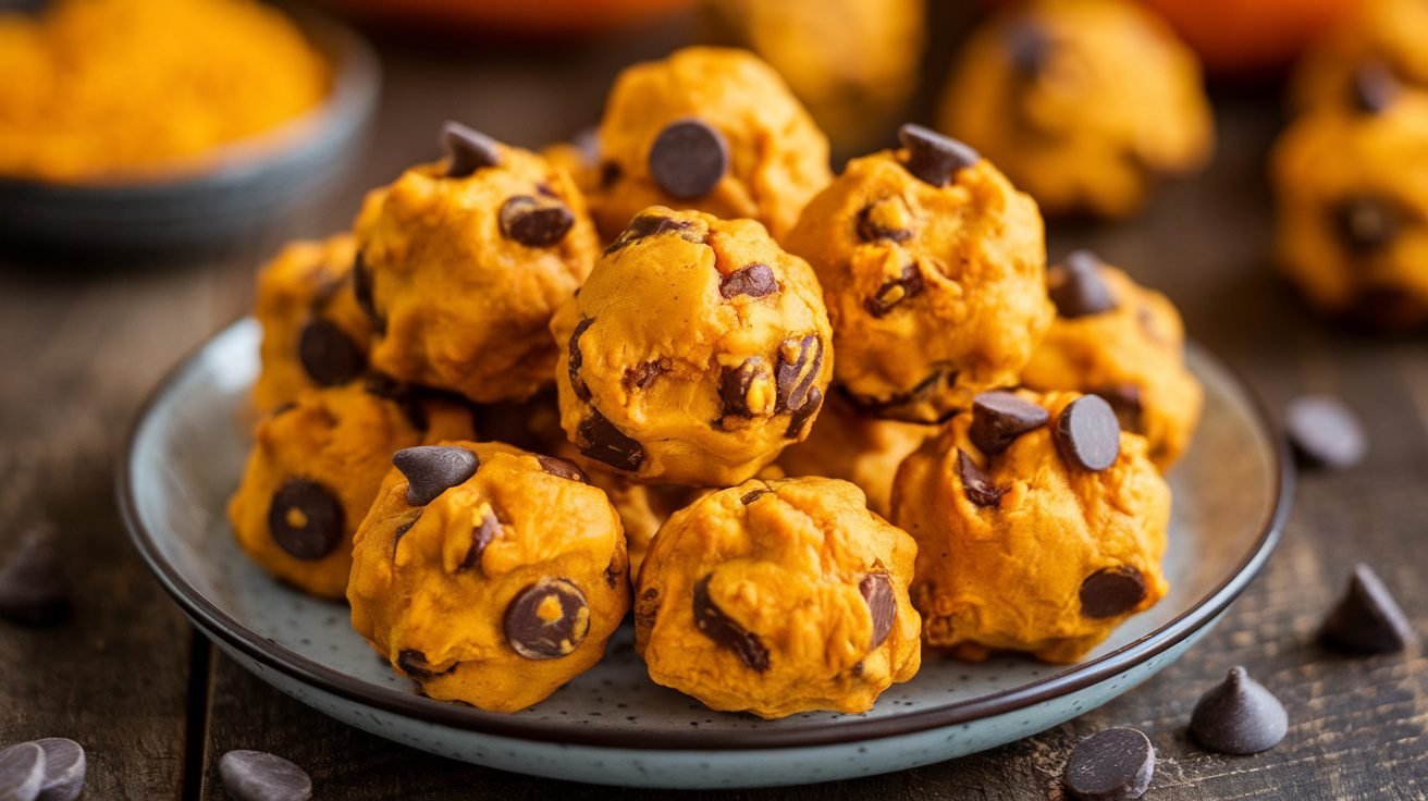 Pumpkin chocolate chip protein bites on a plate with chocolate chips and pumpkin puree in the background.