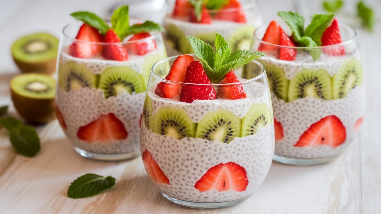 Layered kiwi strawberry chia pudding in glasses, garnished with mint leaves on a wooden table.