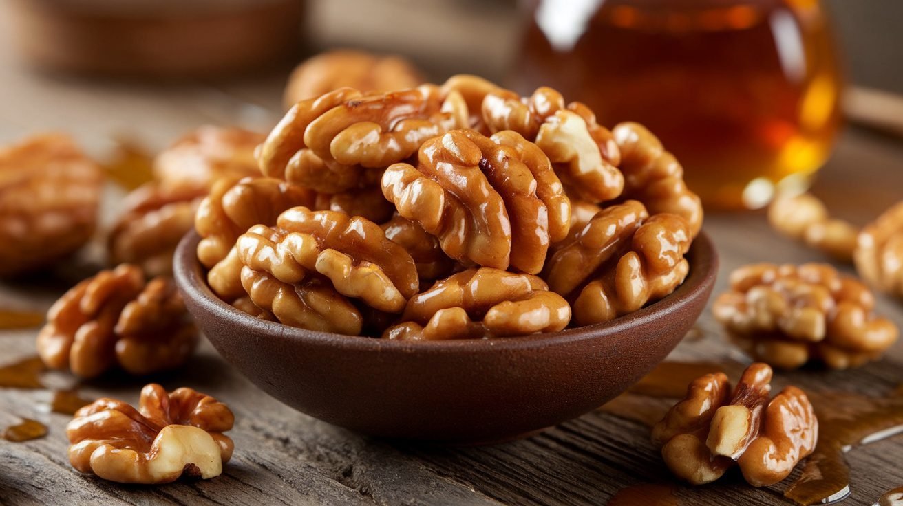 A bowl of maple glazed walnuts with a shiny glaze, on a rustic wooden table.