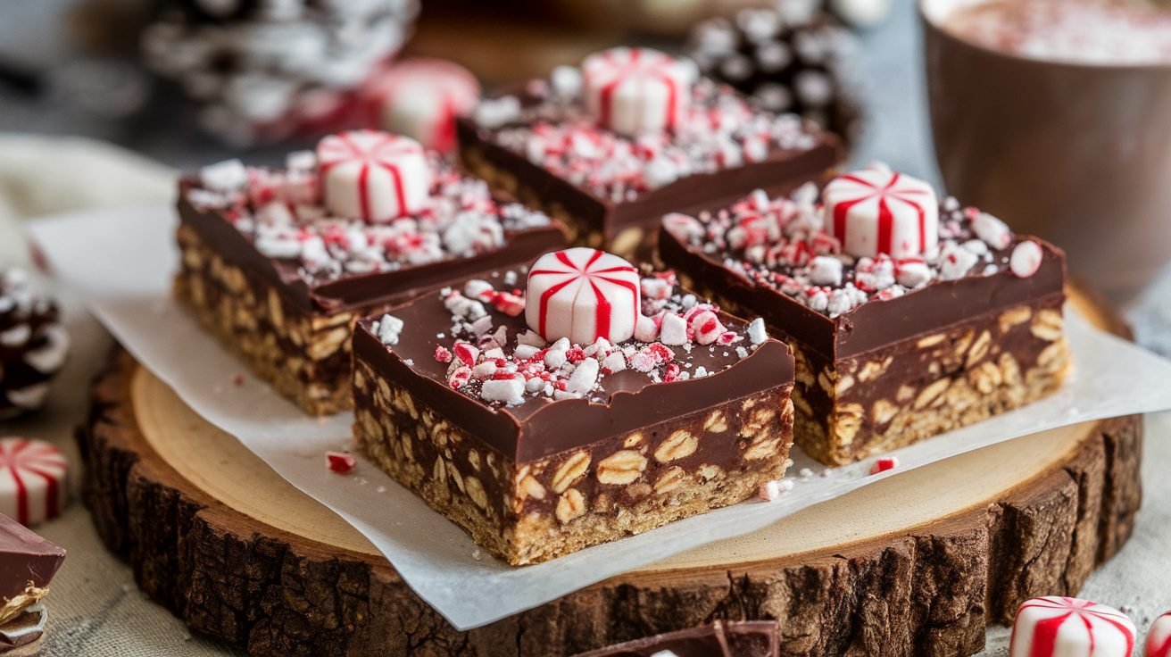 No-Bake Peppermint Chocolate Oat Bars topped with chocolate and peppermint candies on a wooden platter.