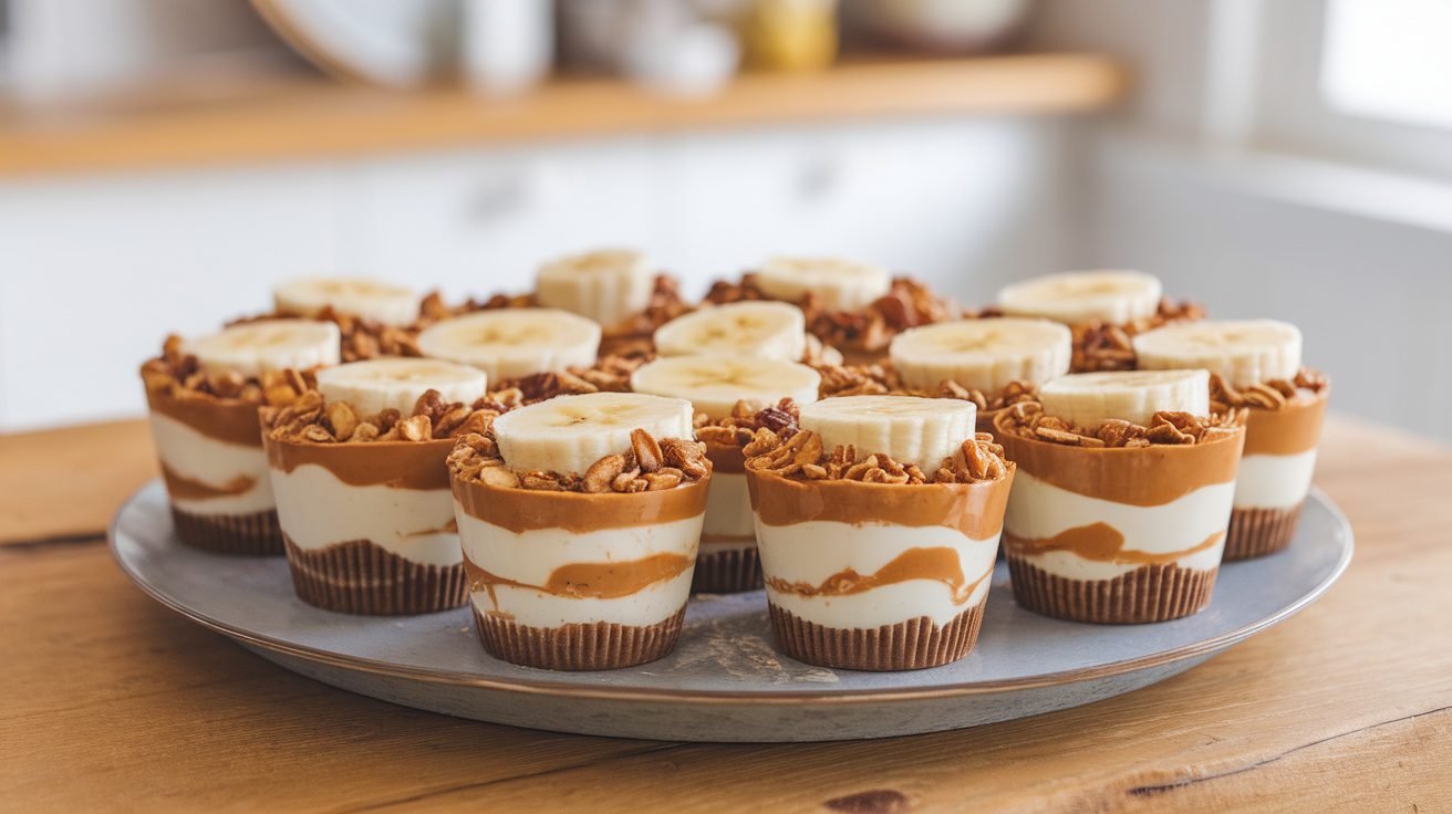 Peanut Butter Yogurt Cups layered with yogurt, peanut butter, topped with granola and banana slices on a wooden table.