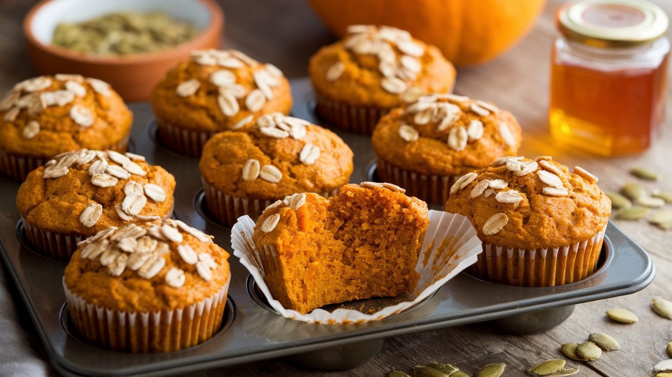 A tray of golden brown pumpkin oat muffins with a sprinkle of oats, some muffins broken open, on a rustic wooden table.