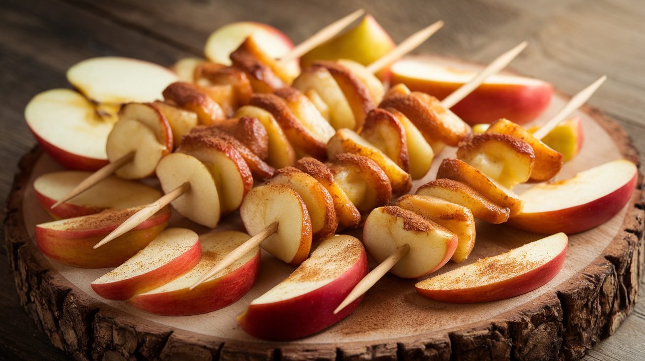 Roasted apple cinnamon skewers on a wooden platter, garnished with apple slices and cinnamon.