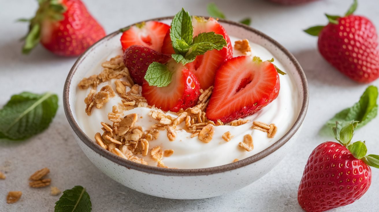 A bowl of strawberry mint yogurt topped with fresh strawberries and mint, garnished with granola.