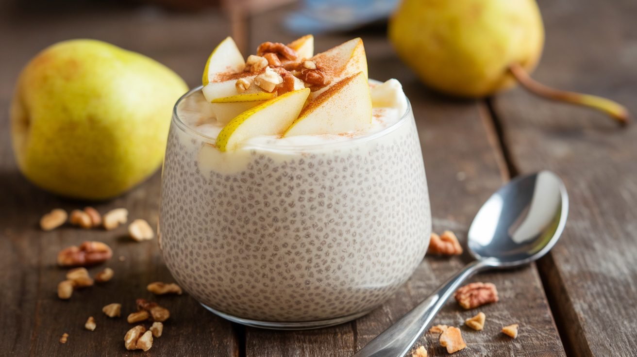 Vanilla chia cup layered with diced pears and topped with nuts on a wooden table.
