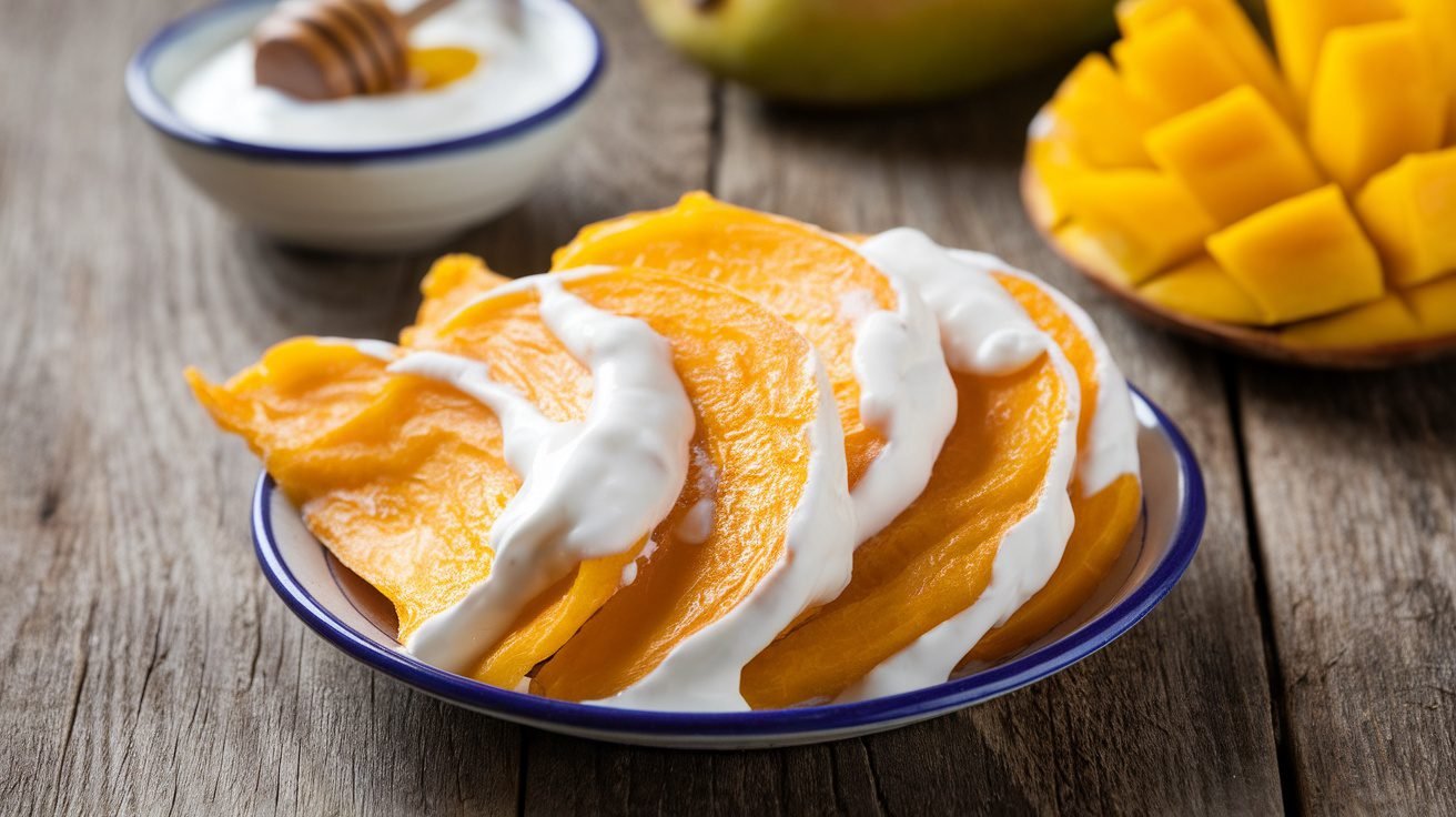 Yogurt-covered dried mango slices on a plate with yogurt and honey in the background.
