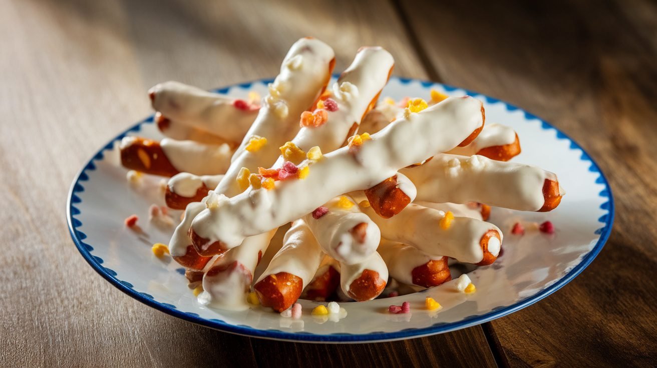 A plate of yogurt-covered pretzel sticks with colorful toppings on a rustic wooden table.
