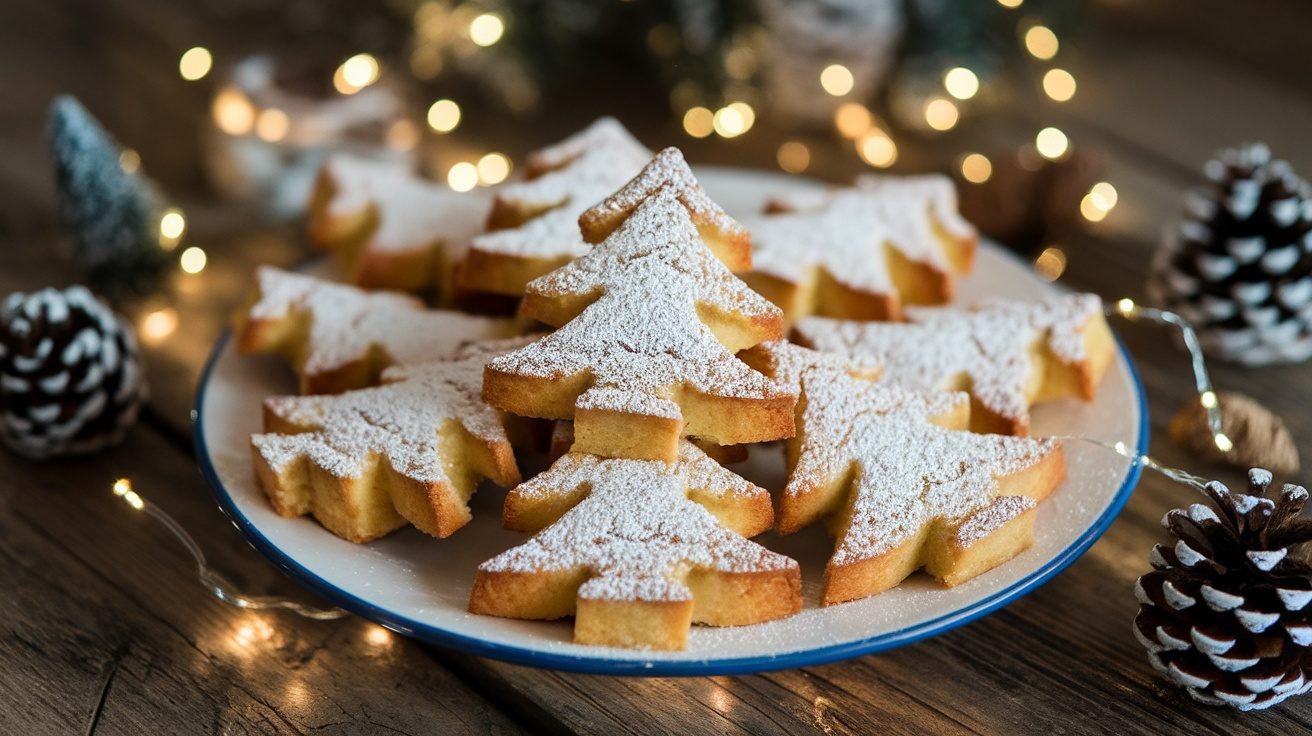 Baked apple cinnamon Christmas tree cutouts on a plate with powdered sugar, surrounded by holiday decorations.