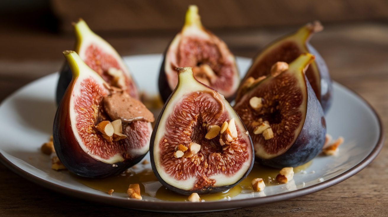 Almond butter stuffed figs garnished with nuts on a rustic plate.