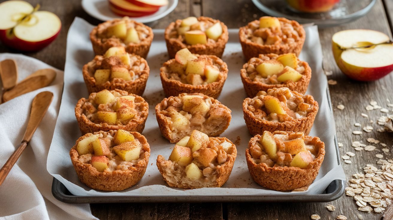Baked apple oat cups on a wooden tray, filled with apples and cinnamon, with apple slices on the side.