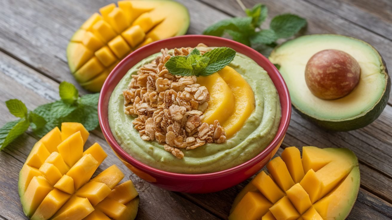 Creamy avocado mango dessert bowl topped with granola and mint, surrounded by fresh mango and avocado slices.