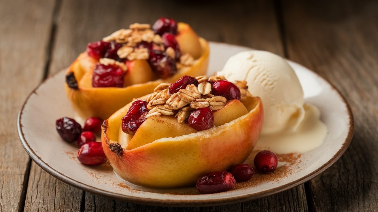Baked apple cranberry boats filled with cranberries and oats, served with vanilla ice cream on a rustic table.