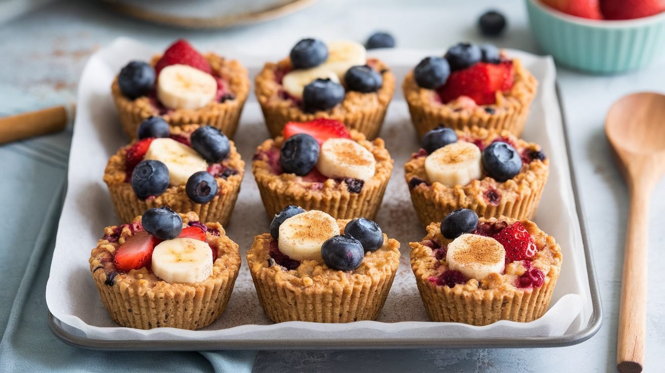 A tray of baked oatmeal cups with mixed fruits, showcasing a healthy breakfast option.
