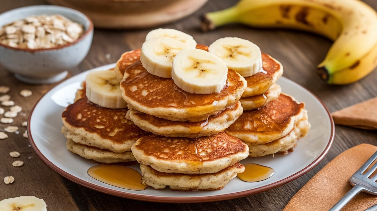 A plate of banana oat pancake bites garnished with banana slices and syrup on a wooden table.