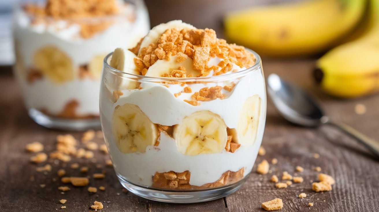 Protein-packed banana pudding layered with yogurt and bananas, topped with crushed graham crackers in a clear glass.